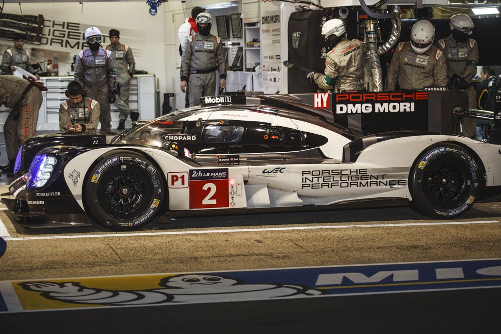 The winning No. 2 Porsche 919 Hybrid in the pits during practice.